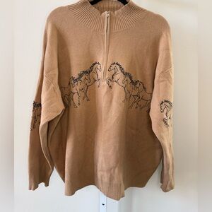 Chelsea & Theodore Camel Horse 1/4 Zip Pullover Sweater XL Western